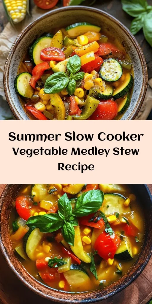 Beat the summer heat with this refreshing Summer Vegetable Medley Stew made effortlessly in your slow cooker! Packed with zucchini, bell peppers, cherry tomatoes, and corn, this dish is a colorful and nutritious option for any meal. Just prep your ingredients, toss them in, and let the slow cooker work its magic for a perfect blend of flavors. Serve it hot, garnished with fresh basil for an extra touch. Enjoy a light and delicious summer meal that's simple to prepare!