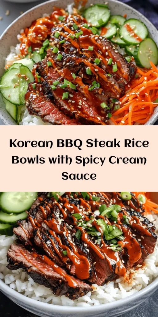 Indulge in these delicious Korean BBQ Steak Rice Bowls topped with a spicy cream sauce! Marinate flank steak to infuse it with rich flavors, then grill it to perfection. Serve it over fluffy jasmine rice, fresh veggies like carrots, cucumber, and napa cabbage, and finish with a zesty drizzle of homemade spicy cream sauce. This vibrant and satisfying dish is perfect for a weeknight dinner or a special occasion. Get ready to impress your taste buds!