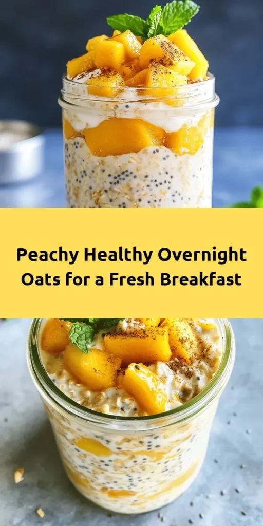 Start your day right with these irresistible healthy overnight oats featuring juicy peaches! This easy recipe combines rolled oats, almond milk, Greek yogurt, and ripe peaches for a delicious and nutritious breakfast. Perfect for meal prep, simply mix your ingredients, refrigerate overnight, and enjoy a quick and satisfying morning meal. Customize with your favorite toppings like extra peaches, honey, or fresh mint—healthy never tasted so good!