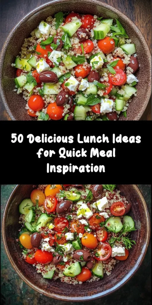 Looking for delicious and unique lunch ideas? Check out these 50 recipes that make lunchtime exciting! From Mediterranean Quinoa Bowls packed with fresh veggies to Spicy Chickpea Tacos bursting with flavor, there’s something for everyone. Enjoy creamy Avocado Pasta, zesty Thai Peanut Chicken Wraps, and comforting Caprese Stuffed Portobello Mushrooms. Perfect for meal prep or quick lunches, each recipe is simple to make and utterly satisfying!