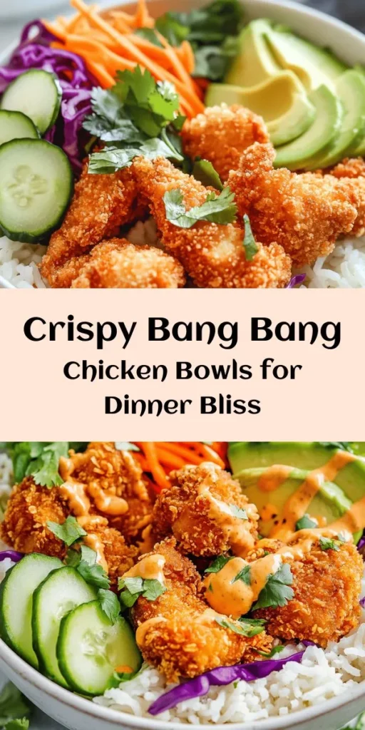 Get ready for a flavor explosion with these Bang Bang Chicken Bowls! This recipe features crispy, breaded chicken served over a bed of fluffy jasmine rice and topped with vibrant veggies like shredded carrots, cucumber, and red cabbage. Drizzle on a creamy, spicy Bang Bang sauce made with mayo, sweet chili sauce, and sriracha for an irresistible finish. Perfect for a quick weeknight dinner, these bowls are easy to make and packed with flavor. Enjoy a taste of adventure in every bite!