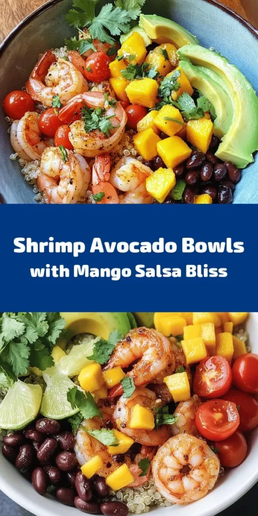 Brighten up your meal with these Shrimp and Avocado Bowls topped with vibrant Mango Salsa and a zesty Lime-Chili Sauce. This recipe is a delightful fusion of flavors, featuring juicy sautéed shrimp, creamy avocados, and hearty black beans served over a bed of quinoa or brown rice. Perfect for a quick lunch or dinner, each bowl is bursting with freshness and nutrition. This easy to prepare dish serves 4 and only takes 30 minutes to whip up!