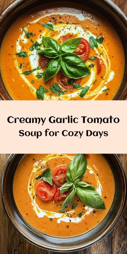 Warm up with this delicious creamy roasted garlic tomato soup! Made with fresh Roma tomatoes and a whole head of roasted garlic, this recipe is packed with flavor. Simply roast your tomatoes and garlic, sauté some onions, and blend everything together with vegetable broth and cream for a silky smooth finish. Perfect for cozy evenings, serve it topped with fresh basil. Quick to prepare and truly comforting, this soup is a must-try!