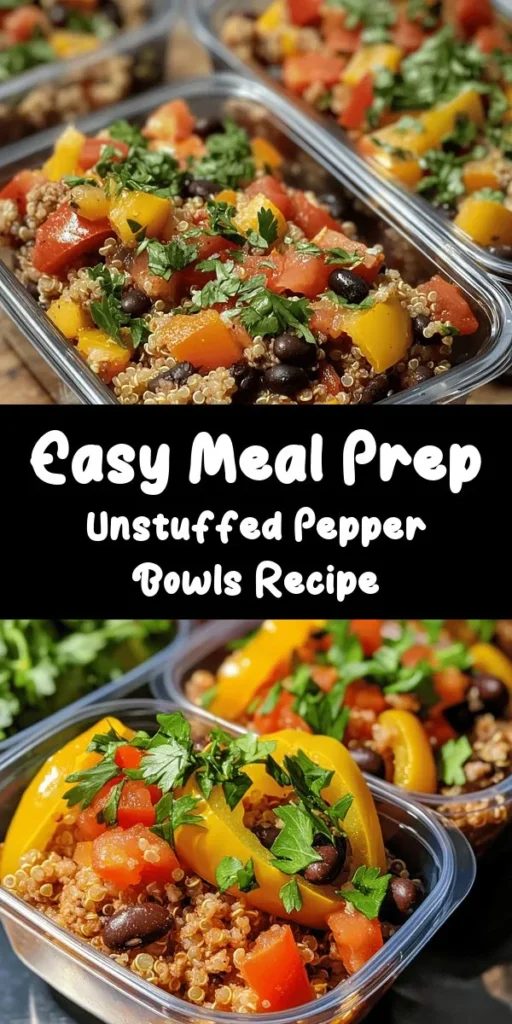 Looking for a delicious and healthy meal prep idea? Try these Unstuffed Pepper Bowls! With ground turkey or beef, quinoa, bell peppers, black beans, and a blend of spices, this dish is packed with flavor and nutrients. Perfect for busy weeks, these bowls are easy to make and can be stored in the fridge for quick meals. Customize with your favorite toppings like cheese or sour cream for an extra touch. Enjoy a hearty, satisfying meal that’s ready when you are!
