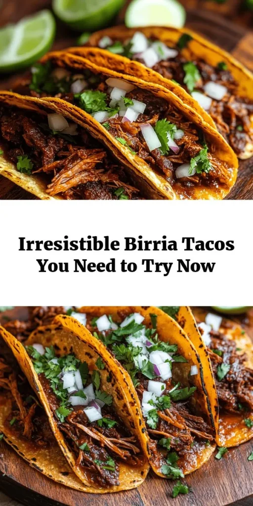 Discover the ultimate comfort food with my favorite Birria Tacos. This recipe features succulent beef chuck roast slow-cooked in a rich adobo sauce made from toasted guajillo, pasilla, and ancho chiles. With a preparation time of only 30 minutes and a total cooking time of around 3 hours, these tacos are packed with flavor. Serve them warm with fresh cilantro, chopped onions, and a squeeze of lime for an irresistible meal that’s perfect for sharing. Dive into deliciousness today!