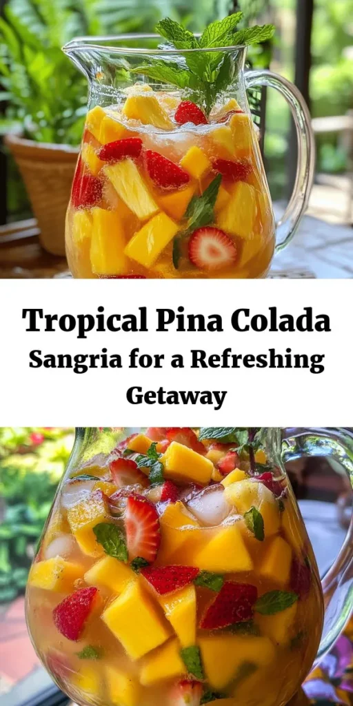 Dive into summer with this refreshing Tropical Bliss Pina Colada Sangria! Combining dry white wine, coconut rum, and vibrant tropical juices, it’s a delicious blend of flavors. Infused with fresh pineapple, mango, strawberries, and citrus slices, this sangria is perfect for gatherings or lazy afternoons. Just mix, chill, and serve over ice with a mint garnish for an irresistibly fruity drink. Quick to prepare and a true crowd-pleaser! 🍍🍹