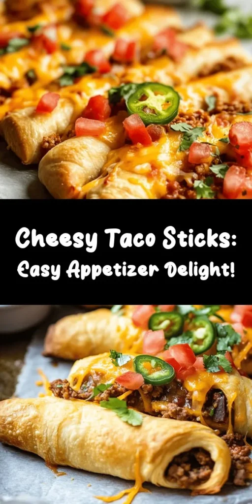Satisfy your cravings with these cheesy taco sticks! Perfectly baked crescent rolls are filled with seasoned ground beef or turkey, creamy refried beans, and melty cheddar cheese for a delicious snack or appetizer. Optional diced tomatoes and jalapeños add extra flavor. Ready in just 30 minutes, these tasty bites are perfect for dipping in taco sauce. Get ready for a fun twist on taco night!