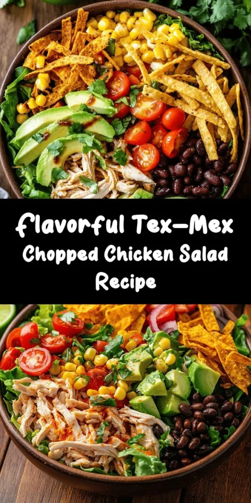Looking for a burst of flavor in a salad? Try this Tex-Mex Chopped Chicken Salad! Packed with shredded chicken, fresh veggies, and black beans, it's a colorful and nutritious meal. Toss everything together in just 15 minutes and drizzle with a zesty lime dressing. Top with cheese and crunchy tortilla strips for added deliciousness. Perfect for lunch or a light dinner, enjoy it fresh or let it chill to enhance the flavors!