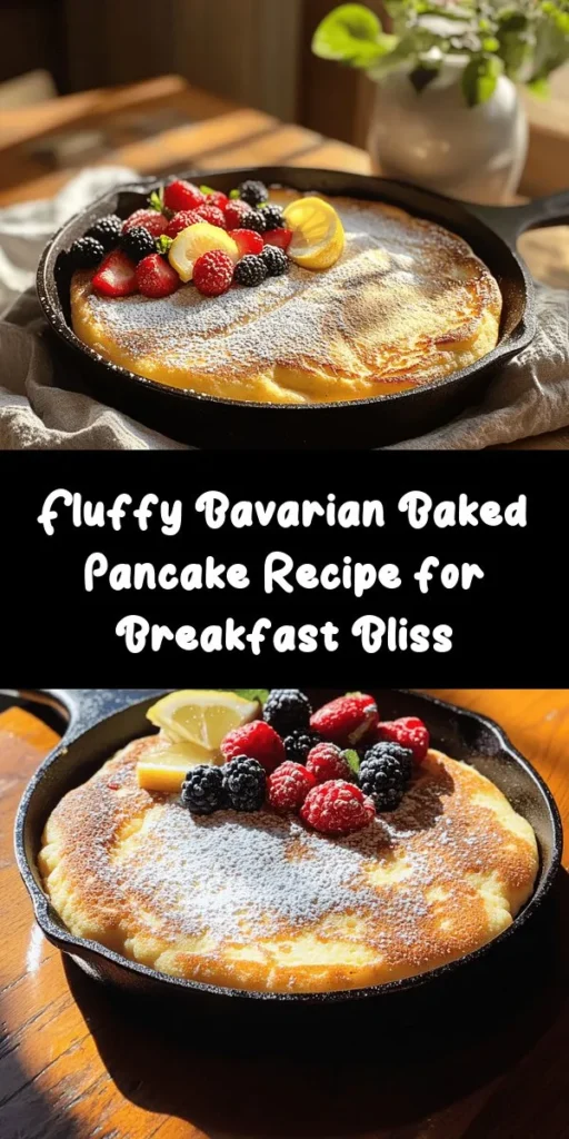 Looking for a new brunch favorite? Try this Fluffy Bavarian Baked Pancake! Made with simple ingredients like eggs, milk, and a hint of vanilla, this pancake puffs up beautifully in the oven. Just whisk, bake, and enjoy! Top with a dusting of powdered sugar and a squeeze of fresh lemon juice, plus your favorite berries for a delicious finish. Perfect for family gatherings or a cozy weekend breakfast. Easy to make and even easier to devour!