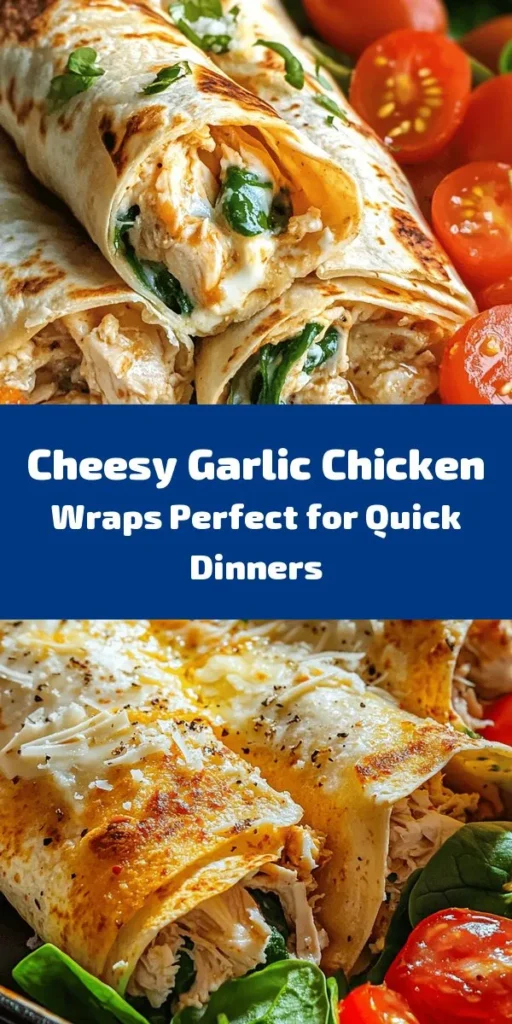 Indulge in these delightful Cheesy Garlic Chicken Wraps that are perfect for a quick lunch or a comforting dinner! Made with tender shredded chicken, creamy cheeses, and bursting with garlic flavor, these wraps are super easy to prepare. Just mix the filling, roll it up in a tortilla, and pan-fry until crispy. Loaded with fresh spinach and cherry tomatoes, they’re both delicious and nutritious. Enjoy with your favorite dipping sauce for the ultimate treat!