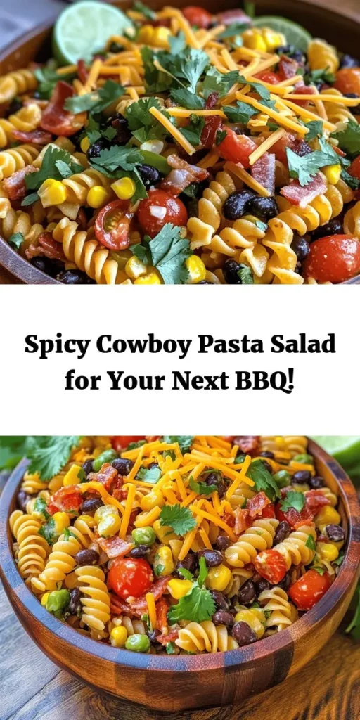 Get ready to spice up your next gathering with this delicious Cowboy Pasta Salad! Packed with colorful veggies like cherry tomatoes, bell peppers, and corn, plus hearty black beans and creamy cheddar cheese, this dish is a crowd-pleaser. Tossed in a zesty dressing of ranch and barbecue, it’s perfect for a summer picnic or a quick weeknight dinner. Chill for 30 minutes to let the flavors blend and serve with lime wedges for that extra zing! Enjoy this flavorful twist on pasta salad!