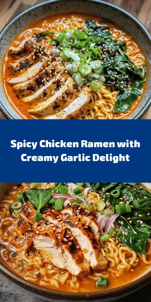 Spice up your dinner with this Fiery Chicken Ramen with Creamy Garlic Sauce! Made with tender chicken thighs marinated in flavorful spices, this bowl of goodness is topped with a luscious garlic cream sauce. Enjoy the satisfying ramen noodles soak up the rich broth, complemented by the crunch of green onions and sesame seeds. Perfect for a cozy night in, this recipe brings a delightful kick and creamy comfort to your table. Easy to prepare in just 30 minutes!