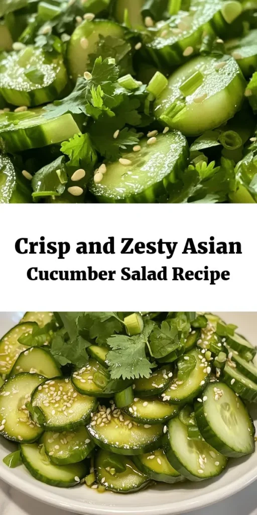 Dive into the refreshing flavors of this Asian Cucumber Salad! Perfect as a side dish or a light lunch, this quick recipe features crunchy cucumbers, a zesty dressing of rice vinegar, soy sauce, and sesame oil, all enhanced with garlic and a dash of heat from red pepper flakes. With just 15 minutes of prep and a chill in the fridge, you’ll have a deliciously vibrant salad ready to impress. Garnish with fresh cilantro for an extra pop!