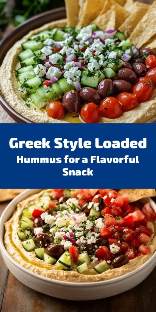 Discover the deliciousness of Greek Style Loaded Hummus! This vibrant dish combines creamy, homemade hummus topped with fresh, zesty Greek salad ingredients like diced cucumbers, juicy tomatoes, and tangy Kalamata olives. Enhanced with crumbled feta and a drizzle of olive oil, it's perfect for sharing with pita chips or fresh pita bread. Easy to make in just 15 minutes, it's the ultimate appetizer for any gathering. Dive into this Mediterranean delight today!