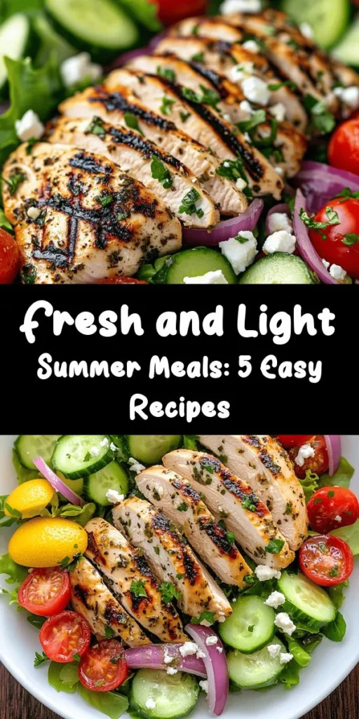 Beat the heat this summer with these five fresh and light meal recipes! Start with a Grilled Lemon Herb Chicken Salad that's bursting with flavor, then savor the lightness of Zucchini Noodles tossed in pesto. Dive into a Tropical Shrimp & Avocado Salsa for a fruity kick, or enjoy the simplicity of Caprese Skewers drizzled with balsamic glaze. Don't miss the hearty Mediterranean Quinoa Bowl featuring roasted veggies. Perfect for warm days!