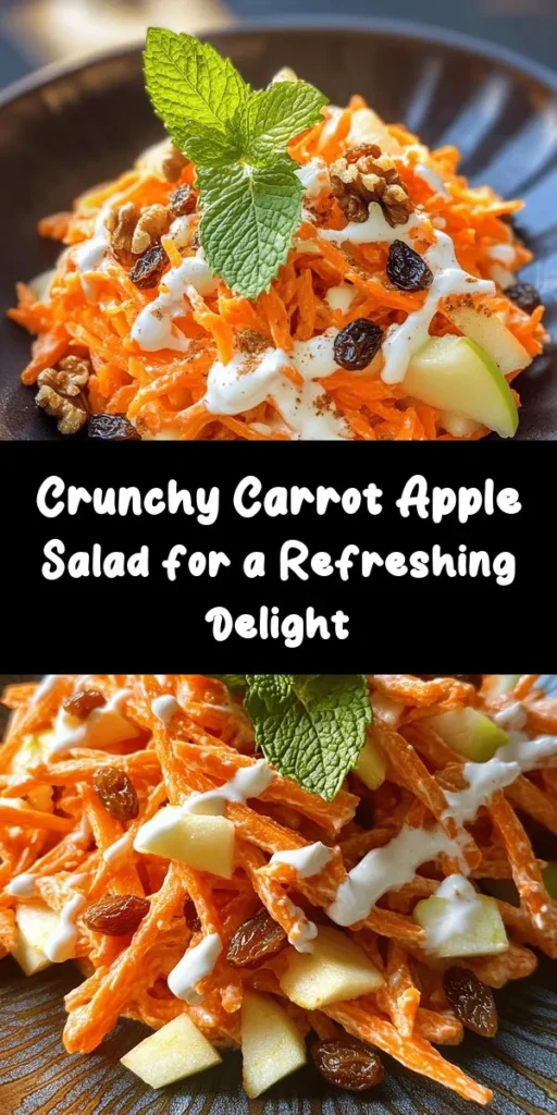 Discover the perfect blend of crunchy and sweet with this Crunchy Carrot Apple Delight! This vibrant salad features grated carrots and crisp apples, mixed with raisins and optional nuts for added texture. Tossed in a creamy Greek yogurt dressing with a hint of honey and cinnamon, it’s a refreshing side or light dessert. Ready in just 25 minutes, this delightful recipe is perfect for any occasion. Serve it chilled for a burst of flavor that everyone will love!