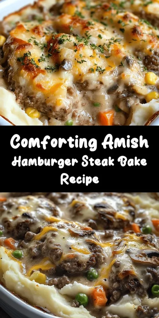 Dive into comfort food bliss with this Amish Hamburger Steak Bake! Packed with seasoned ground beef patties, savory mushrooms, and colorful mixed veggies, this hearty dish is topped with creamy mashed potatoes and optional gooey cheddar cheese. Perfect for family dinners, it's easy to make and bake in just an hour. Serve up a slice of home-cooked happiness that everyone will love. Get ready to enjoy a warm, fulfilling meal!