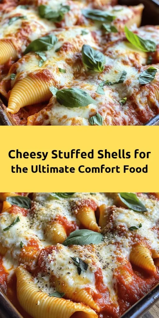 Indulge in these Cheesy Delight Stuffed Shells that are bursting with creamy flavors! This easy recipe features large pasta shells filled with a delicious blend of ricotta, mozzarella, and Parmesan, mixed with aromatic herbs. Simply bake them in marinara sauce for a golden, bubbly finish. Perfect for weeknight dinners or special occasions, each bite is a cheesy dream! Serve with fresh basil for an extra touch of flavor. Try this comforting dish today!