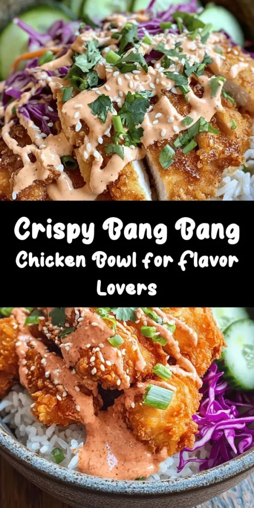 Create a flavor-packed meal with this Bang Bang Chicken Bowl featuring crispy chicken thighs, a creamy and spicy sauce, and vibrant veggies. The combination of cooked jasmine rice, shredded cabbage, cucumbers, and fresh cilantro brings freshness to every bite. Perfect for a quick dinner or meal prep, this dish takes just 30 minutes to make. Spice it up to your liking and enjoy a delightful twist on a classic! Your family will love it!