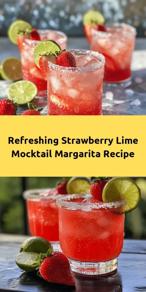 Looking for a refreshing drink for your next gathering? Try this Strawberry Lime Mocktail Margarita! Made with fresh strawberries, zesty lime juice, and a hint of sweetness from agave syrup, it’s the perfect non-alcoholic treat. Just blend, mix, and top with sparkling water for a bubbly finish. Rim your glasses with salt or sugar for extra flair, and don’t forget to garnish with lime slices and strawberries. Simple, delicious, and super festive! Enjoy your 10-minute prep time and serve this vibrant drink to impress your guests.