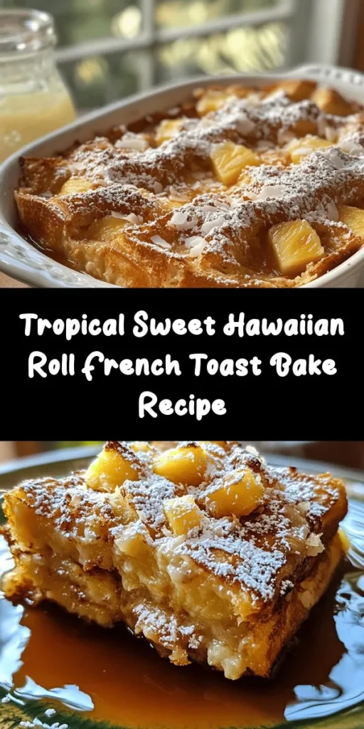 Indulge in this Sweet Hawaiian Roll French Toast Bake for a delightful breakfast or brunch treat! Made with soft Hawaiian rolls, eggs, milk, and a hint of tropical goodness from crushed pineapple and coconut, this dish is easy to prepare and perfect for sharing. Simply soak the rolls in a sweet custard mixture, bake until golden, and serve with powdered sugar and maple syrup. It's a delicious and crowd-pleasing dish that brings a taste of the islands to your table!