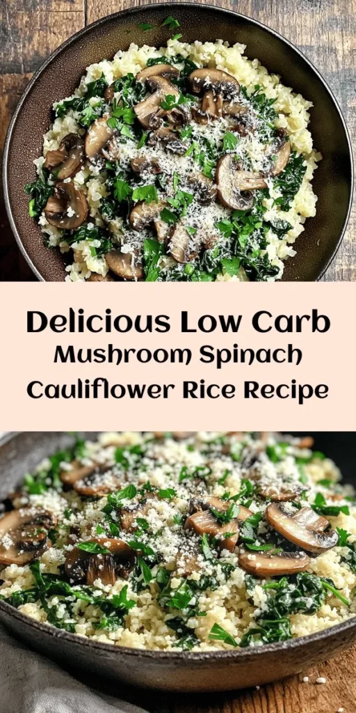 Discover a delicious low-carb dish with this Mushroom & Spinach Cauliflower Rice recipe! Perfect for a healthy dinner or a light lunch, it combines riced cauliflower, fresh spinach, and mushrooms sautéed in olive oil for a flavorful and satisfying meal. With hints of garlic and oregano, this dish is easy to make and can be ready in just 25 minutes. Optionally top with Parmesan cheese for an extra touch. Enjoy this nutritious dish that’s packed with flavor!