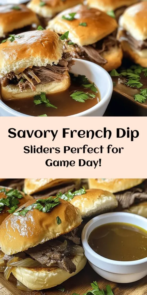 Indulge in these mouthwatering Savory French Dip Sliders! Perfect for game day or any gathering, these delicious sliders feature tender roast beef, caramelized onions, and gooey provolone cheese, all nestled in soft slider buns. The warm beef broth for dipping adds the finishing touch. With just 30 minutes of prep time, you can whip up a crowd-pleasing dish that's full of flavor. Don't forget to garnish with fresh parsley for that extra touch!