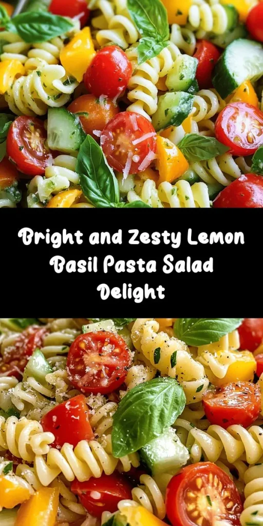 Brighten up your meal with this Zesty Lemon Basil Pasta Salad! Packed with whole grain pasta, juicy cherry tomatoes, crunchy cucumber, and colorful bell peppers, this dish is both refreshing and easy to make. Tossed in a tangy lemon dressing and topped with fresh basil, it’s perfect for summer gatherings or light lunches. Make it in just 45 minutes and let the flavors meld in the fridge for a deliciously vibrant salad. Enjoy chilled or at room temperature!