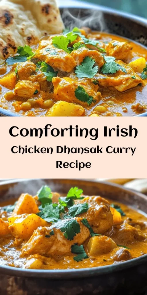 Discover the warmth of Hearty Irish Chicken Dhansak Curry! This delicious fusion dish combines tender chicken thighs, aromatic spices, and creamy coconut milk with hearty lentils and potatoes for a comforting meal. Perfect for sharing, it’s easy to make in just an hour. Simply sauté your base, add chicken and veggies, then let it simmer to perfection. Garnish with fresh cilantro and enjoy with rice or naan for a delightful feast. Perfect for cozy dinners and any curry lover!