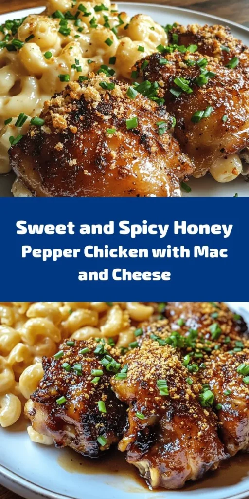 Indulge in the perfect combination of flavors with this Sweet and Spicy Honey Pepper Chicken paired with creamy macaroni cheese. Marinated chicken thighs are glazed with a delicious honey-soy sauce mixture and baked to perfection, while the macaroni cheese is rich and cheesy with just a hint of garlic and onion. This dish is not only comforting but also easy to prepare, making it great for family dinners or meal prep. Enjoy a plate that will satisfy your cravings and impress everyone at the table!
