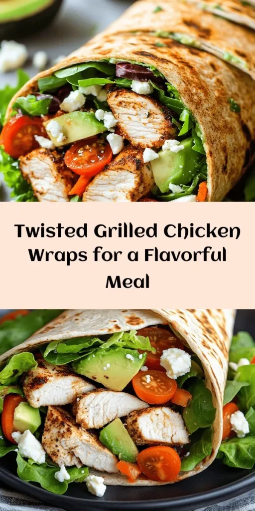 Discover the perfect combination of flavor and nutrition with these Grilled Chicken Wraps with a Twist! Marinated in a smoky blend of spices, grilled to perfection, and wrapped in wholesome tortillas, these wraps are packed with mixed greens, avocado, cherry tomatoes, and optional feta. Customize with your favorite dressing for a delightful meal in just an hour. Ideal for lunch or a light dinner, these wraps are sure to satisfy your cravings! Enjoy a fresh, tasty take on wraps.