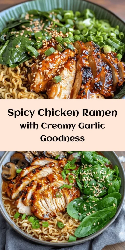 Savor the flavors of this spicy chicken ramen with creamy garlic sauce that's sure to tantalize your taste buds! Start with marinated chicken thighs seared to perfection, then combine tender ramen noodles, nutritious spinach, and savory shiitake mushrooms in a rich chicken broth. Top it all off with a luscious garlic sauce for a delightful kick. Perfect for a cozy dinner night, this recipe is easy to follow and packed with bold flavors. Get ready to dig in!