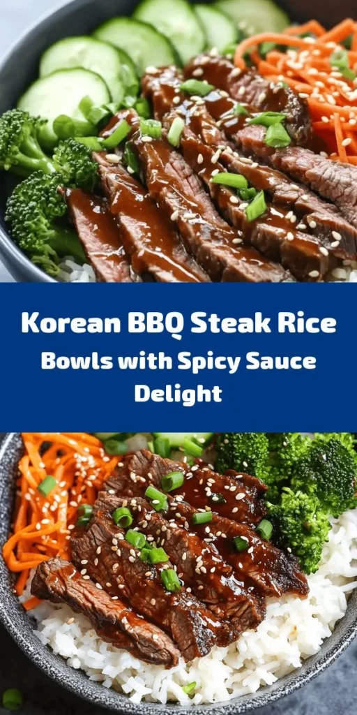 Discover the ultimate flavor explosion with these Sizzling Korean BBQ Steak Rice Bowls! Marinated flank steak is seared to perfection and served over a bed of fluffy jasmine rice, topped with vibrant veggies like broccoli and carrots. Drizzle on a creamy, spicy sauce for an extra kick. Perfect for a quick weeknight dinner or impressing guests! Enjoy a delicious and satisfying meal that brings the taste of Korean BBQ right to your table.