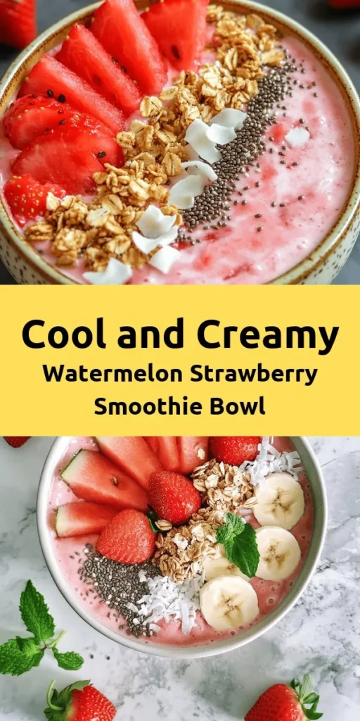 Cool down this summer with a refreshing Watermelon and Strawberry Smoothie Bowl! Packed with frozen watermelon, strawberries, and banana, it's blended with coconut water for a creamy, hydrating treat. Customize it with your favorite toppings like fresh fruit, chia seeds, coconut flakes, and granola. This simple recipe takes just 10 minutes and serves two, making it perfect for sharing or a solo snack. Grab a spoon and enjoy a delicious, vibrant bowl of goodness!