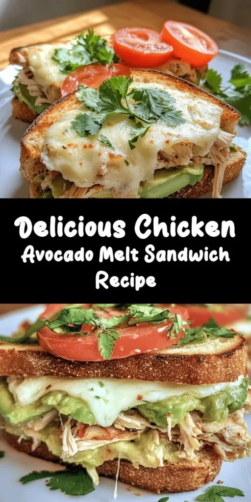 Indulge in the fabulous flavors of this Chicken Avocado Melt Sandwich! Perfect for a quick lunch or a cozy dinner, it features creamy avocado spread, savory shredded chicken, and gooey mozzarella, all nestled between two slices of crispy sourdough bread. With a hint of Dijon and fresh toppings like tomatoes and herbs, it's a delicious way to elevate your sandwich game. Easy to prepare in just 20 minutes, this melt is sure to become a favorite!